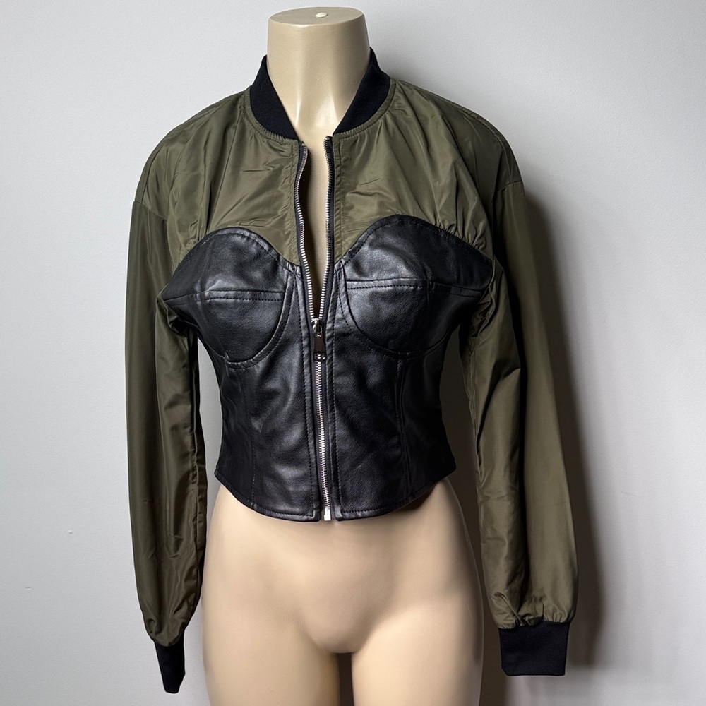 Olive Green and Black Mixed-Material Bomber Jacket